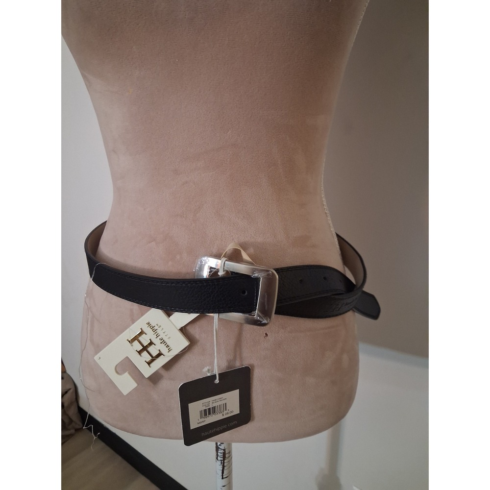 Haute Hippie Style Womens Black Silver Buckle Pebbled Belt Size Large NWT
